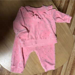 Little Me Pink Velour Ruffle Top and Pant Set with Metallic Gold Hearts